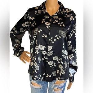 Vintage Y2K Black and Beige Satin Long Sleeve Floral Blouse